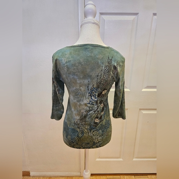 NEW Y2K GLIMA Green Blue Tie Dye Printed Jaguar 3/4 Sleeve Cotton Blouse Top S - Picture 6 of 7